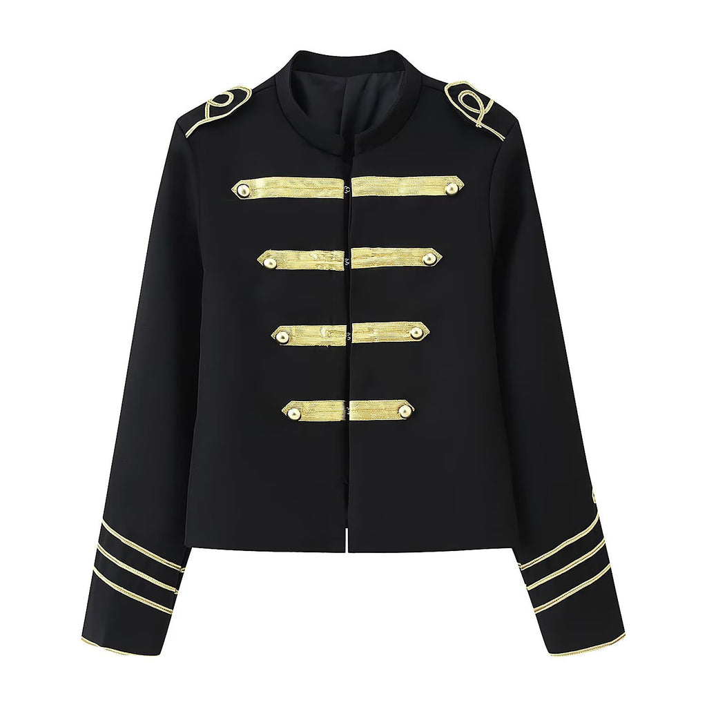 Ladies Cropped Military Jacket with Gold Embroidered Galloons and Stand-up Collar Fashion Glam