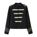 Ladies Cropped Military Jacket with Gold Embroidered Galloons and Stand-up Collar Fashion Glam