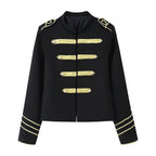 Ladies Cropped Military Jacket with Gold Embroidered Galloons and Stand-up Collar Fashion Glam