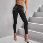 Women High-Waisted Skinny Jeans with Pearl Decoration Fashion Glam