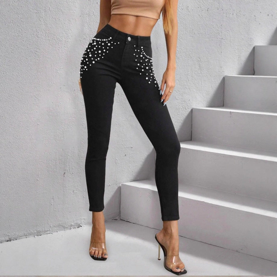 Women High-Waisted Skinny Jeans with Pearl Decoration Fashion Glam