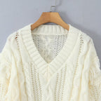Women's Chunky Knit V-Neck Sweater with Cable Pattern and Fringes Fashion Glam