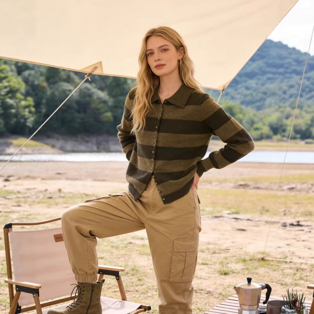 Women's Striped Cardigan with Polo Collar and Button Placket Fashion Glam