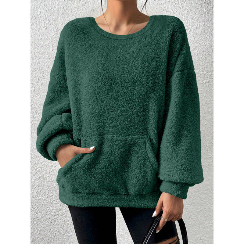 Ladies Cozy Oversized Sherpa Sweater with Kangaroo Pocket and Balloon Sleeves Fashion Glam