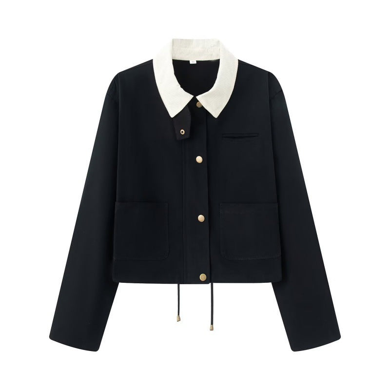 Women's Cropped Workwear Jacket with Cord Collar, Press Buttons and Drawstring Fashion Glam