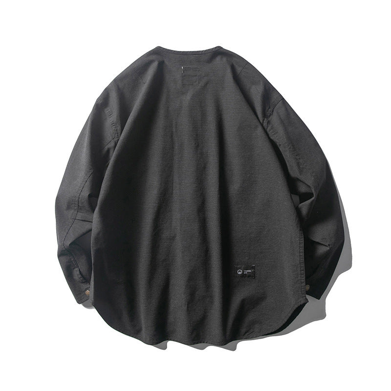Unisex Collarless Overshirt Jacket with Snap Button Placket and Patch Chest Pockets Fashion Glam