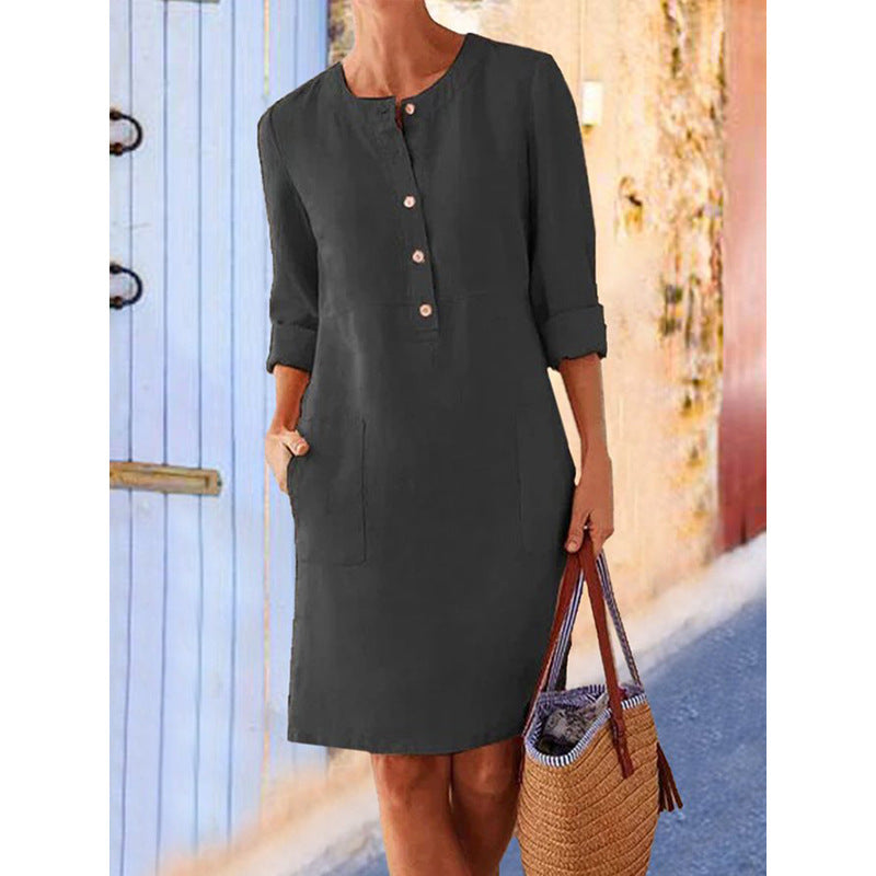 Women loose-fitting linen-look dress with three-quarter sleeves, button placket and side pockets Fashion Glam