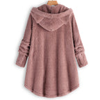 Women's Hooded Teddy Coat with Cat Ears, Button Placket and Asymmetrical Hem Fashion Glam
