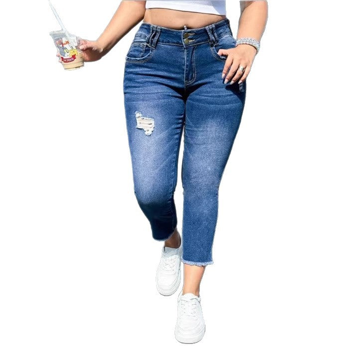 Women's High-Waisted Cropped Skinny Jeans made of Superstretch Denim with Double Button Placket and Raw Fringe Hem Fashion Glam