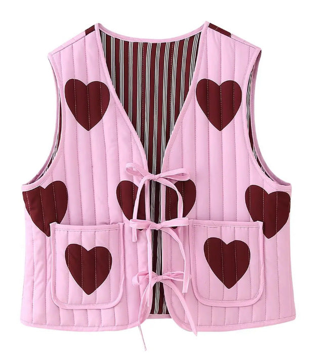 Women quilted vest with heart appliqués and ties Fashion Glam