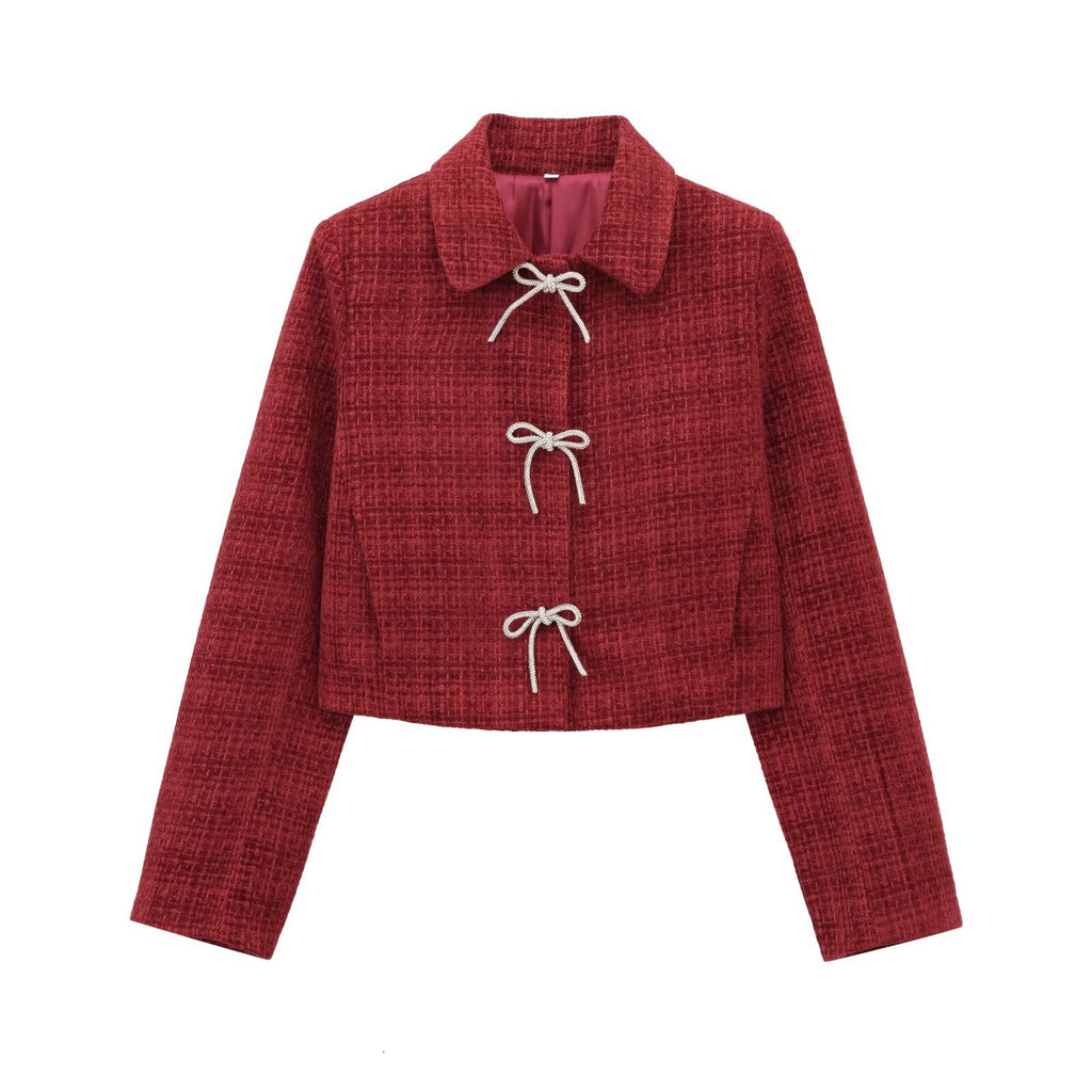 Women's Short Boucle Tweed Jacket with Peter Pan Collar and Decorative Bow Closures Fashion Glam