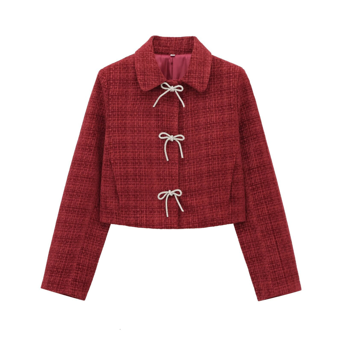 Women's Short Boucle Tweed Jacket with Peter Pan Collar and Decorative Bow Closures Fashion Glam