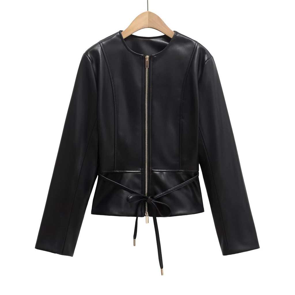 Women's Collarless Faux Leather Jacket with Zipper and Waistband Fashion Glam