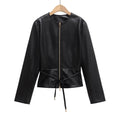 Women's Collarless Faux Leather Jacket with Zipper and Waistband Fashion Glam
