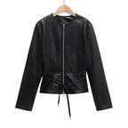 Women's Collarless Faux Leather Jacket with Zipper and Waistband Fashion Glam