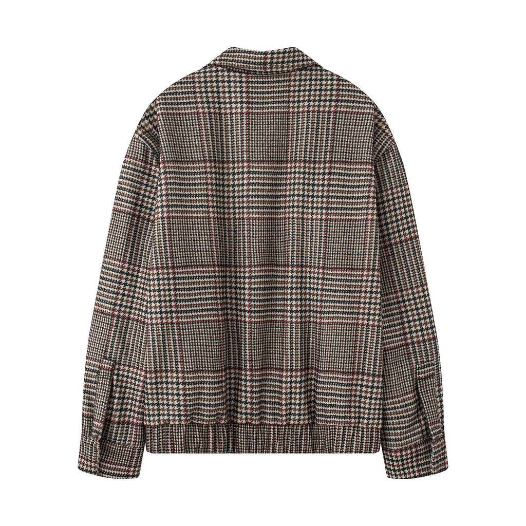 Women's Oversize Short Jacket in Houndstooth Pattern with Stand Collar and Elastic Hem Fashion Glam