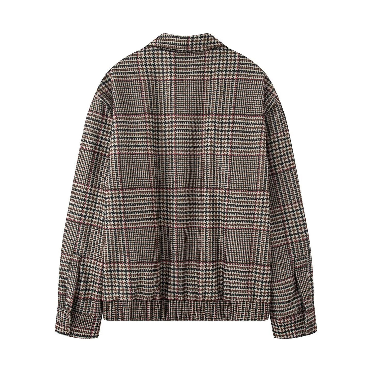 Women's Oversize Short Jacket in Houndstooth Pattern with Stand Collar and Elastic Hem Fashion Glam