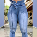 Women High-Waisted Paperbag Skinny Jeans with Ties and Vertical Seam Guidance Fashion Glam