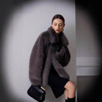 Ladies Boxy Short Faux Fur Coat with Extra Voluminous Shawl Collar Fashion Glam