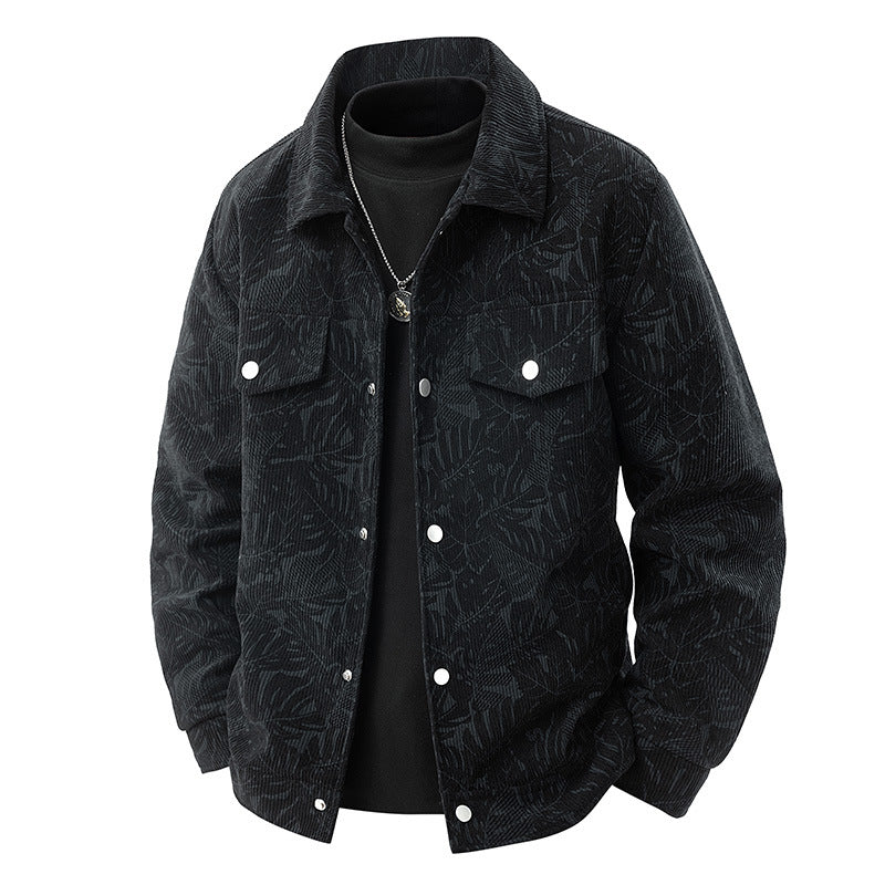 Men's cord overshirt with floral textured print, chest pockets, and relaxed fit Fashion Glam