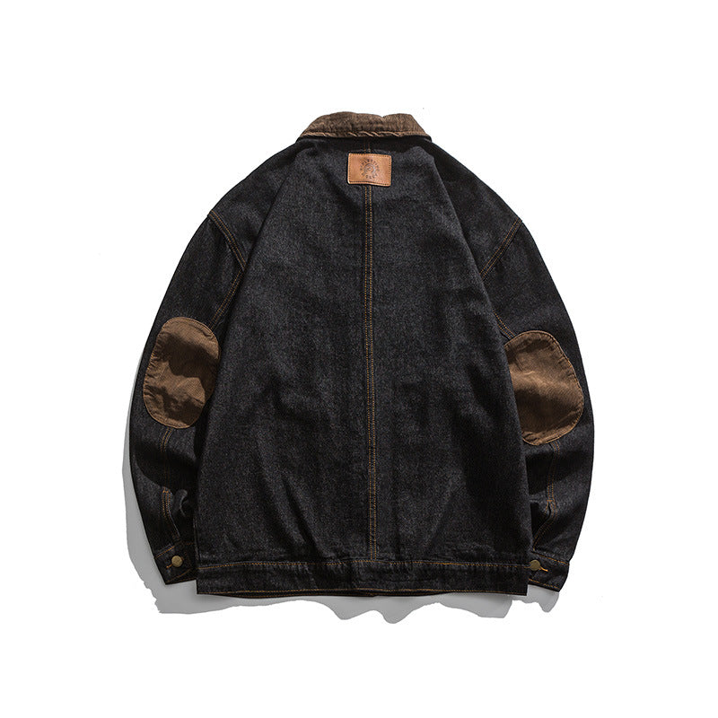 Men's Boxy Denim Work Jacket with Cord Collar, Flap Pockets and Elbow Patches Fashion Glam