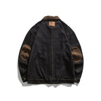 Men's Boxy Denim Work Jacket with Cord Collar, Flap Pockets and Elbow Patches Fashion Glam