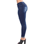 Women's High-Waisted Skinny Jeans with Destroyed Inserts and Cuffed Hem Fashion Glam