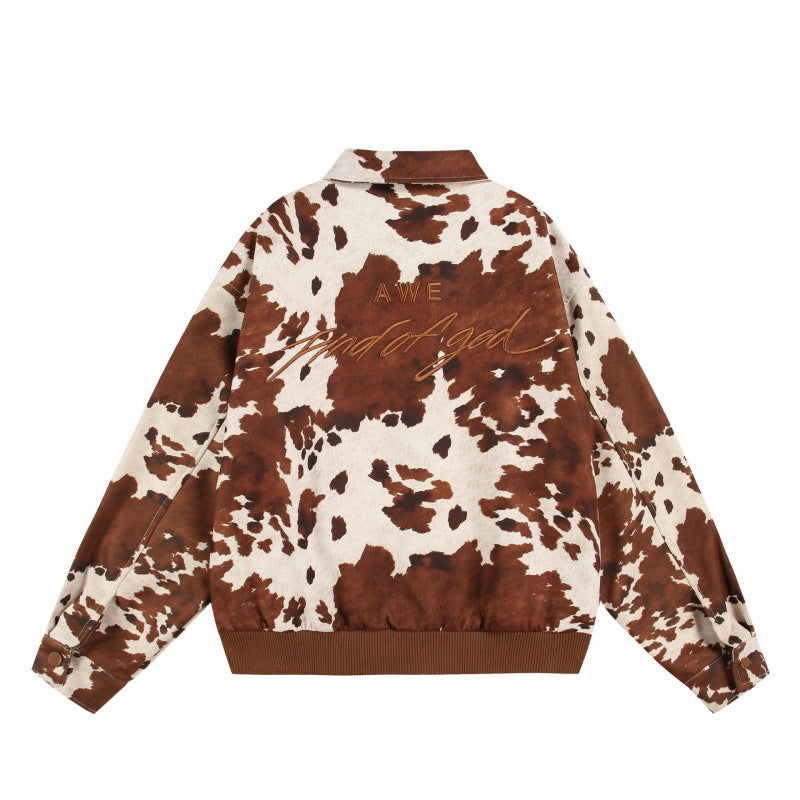 Unisex Boxy Bomber Jacket with Cow Pattern, Zipper and Ribbed Cuff Fashion Glam