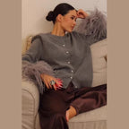 Women's Knit Cardigan with Pearl Buttons and Luxurious Faux Fur Cuffs Fashion Glam