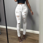 Women's High-Waisted Skinny Jeans with Asymmetrical Destruction Look and Shaping Waistband Fashion Glam