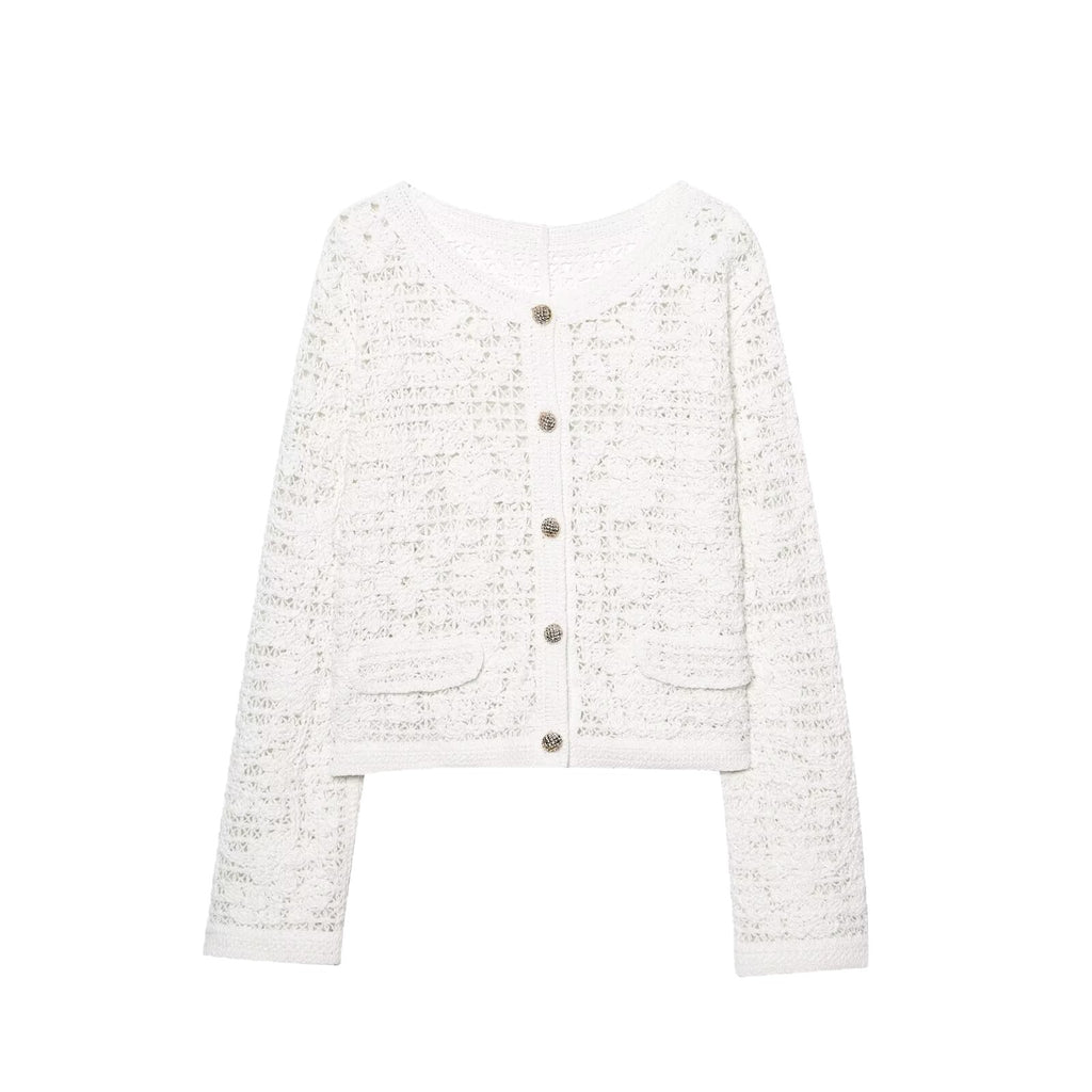 Women's Crocheted Short Jacket in Boucle Look with Decorative Buttons and Patch Pockets Fashion Glam