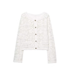 Women's Crocheted Short Jacket in Boucle Look with Decorative Buttons and Patch Pockets Fashion Glam