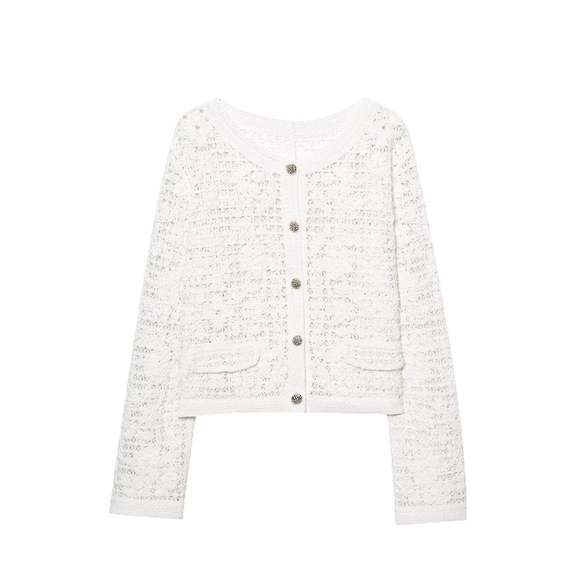 Women's Crocheted Short Jacket in Boucle Look with Decorative Buttons and Patch Pockets Fashion Glam