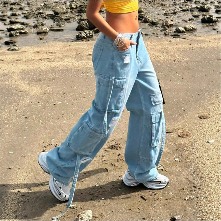 Women's cargo jeans in a wide baggy cut with multiple cargo pockets Fashion Glam