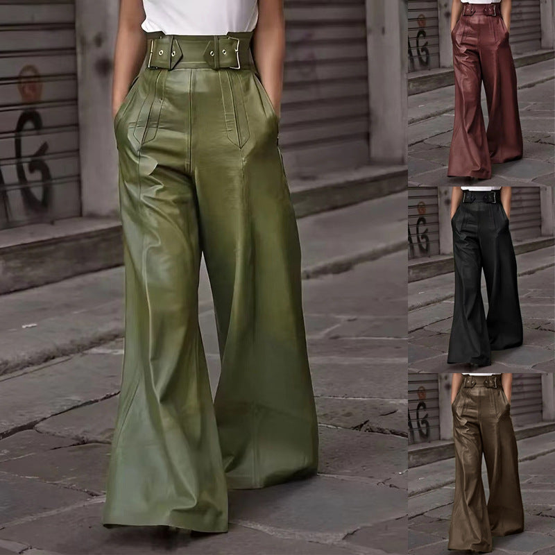 Ladies wide high-waist palazzo pants made of faux leather with wide waistband Fashion Glam