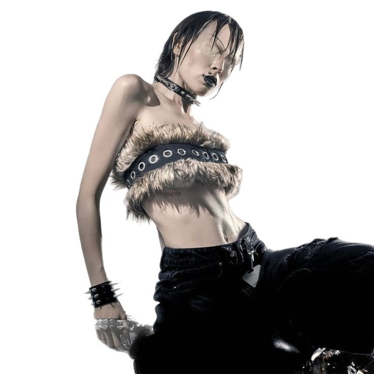 Women Cropped Bandeau Top with Faux Fur Trim, Grommet Leather Strap and Gothic-Punk Details Fashion Glam