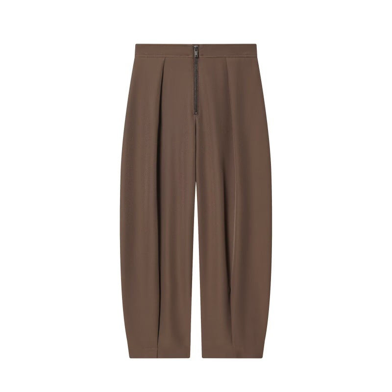 Women wide cropped pants with high waist, pleats and visible front zipper Fashion Glam