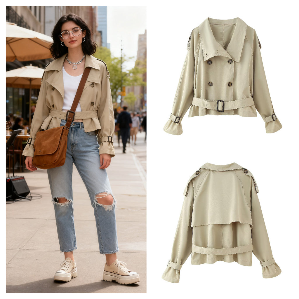 Women's short trench coat in boxy cut with double-breasted and belted waist Fashion Glam
