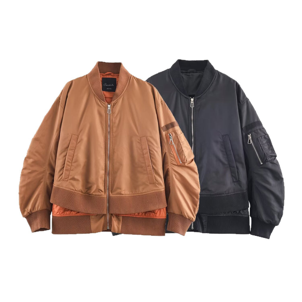 Women's Oversize Bomber Jacket with padded quilted lining, sleeve zip pocket and wide ribbed cuff Fashion Glam