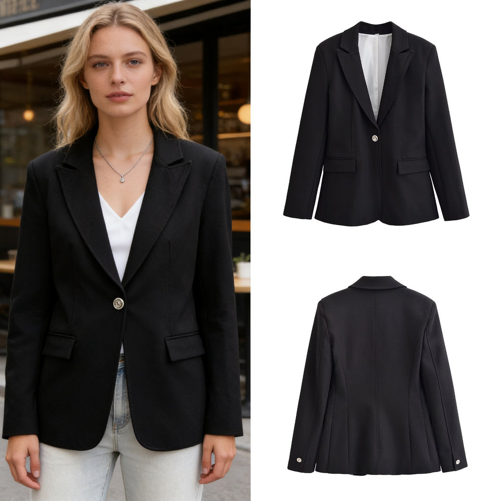 Women's Longer Tailored Single-Button Blazer with Narrow Lapels and Flap Pockets Fashion Glam