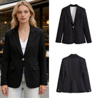 Women's Longer Tailored Single-Button Blazer with Narrow Lapels and Flap Pockets Fashion Glam