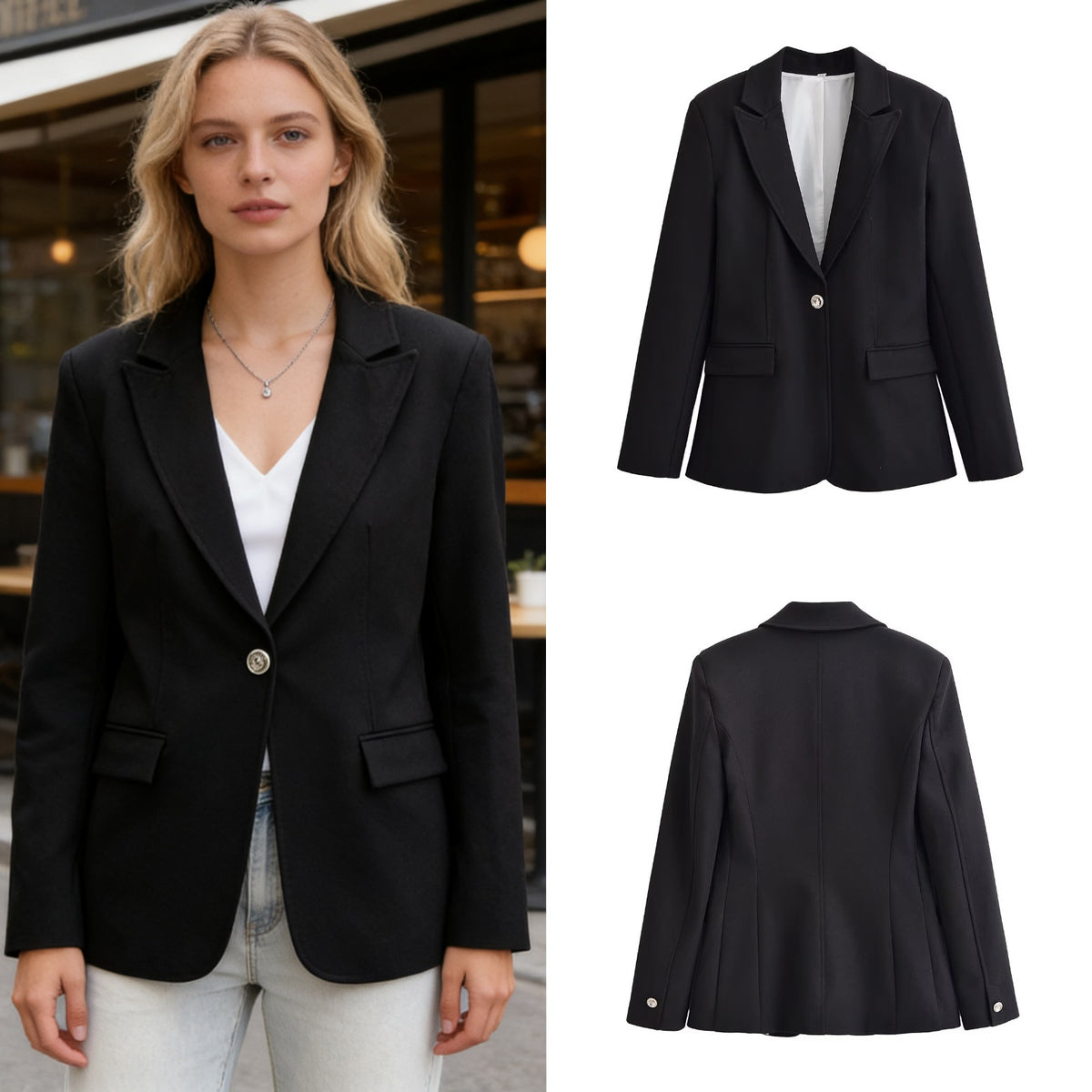 Women's Longer Tailored Single-Button Blazer with Narrow Lapels and Flap Pockets Fashion Glam