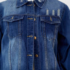 Women's Oversize Longline Denim Jacket with Distressed Details and Flap Pockets Fashion Glam