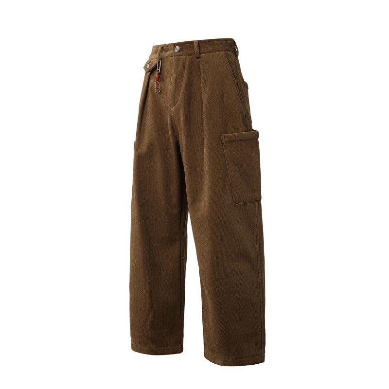 Men's Wide Corduroy Cargo Pants with Pleats, Applied Side Pockets and Relaxed Fit Fashion Glam