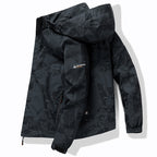 Men's technical waterproof hooded jacket with graphic camouflage print, zippered pockets, and adjustable hem Fashion Glam
