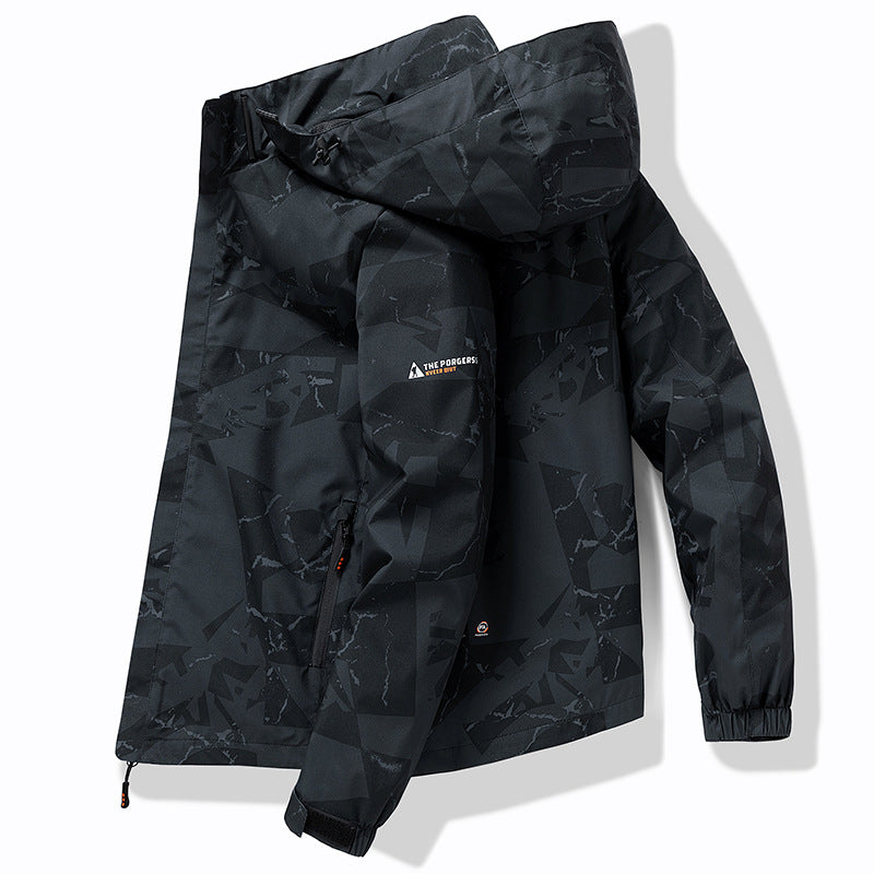 Men's technical waterproof hooded jacket with graphic camouflage print, zippered pockets, and adjustable hem Fashion Glam