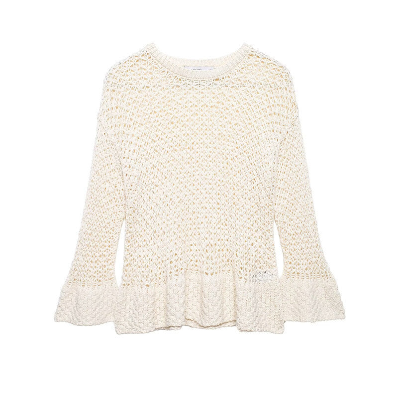 Women's loosely knitted lace pullover with ruffled hem and flared sleeves Fashion Glam