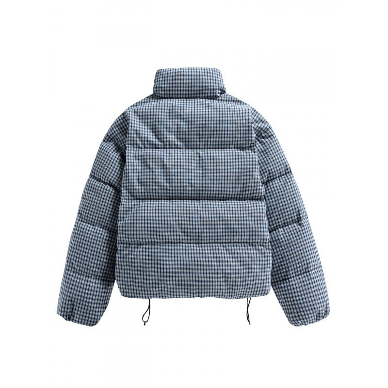 Women's short quilted jacket in check pattern with high stand-up collar and drawstring Fashion Glam
