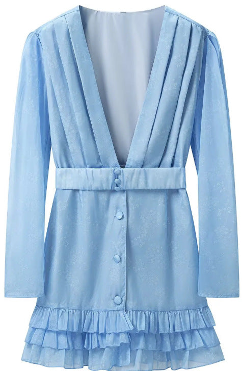 Women's Short Satin Dress with Deep V-Neck, Waist Belt and Layered Ruffles Fashion Glam
