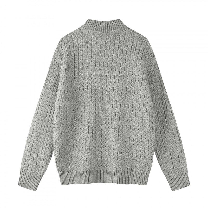 Unisex Boxy Cardigan with Cable Pattern, Stand-up Collar and Two-way Zipper Fashion Glam